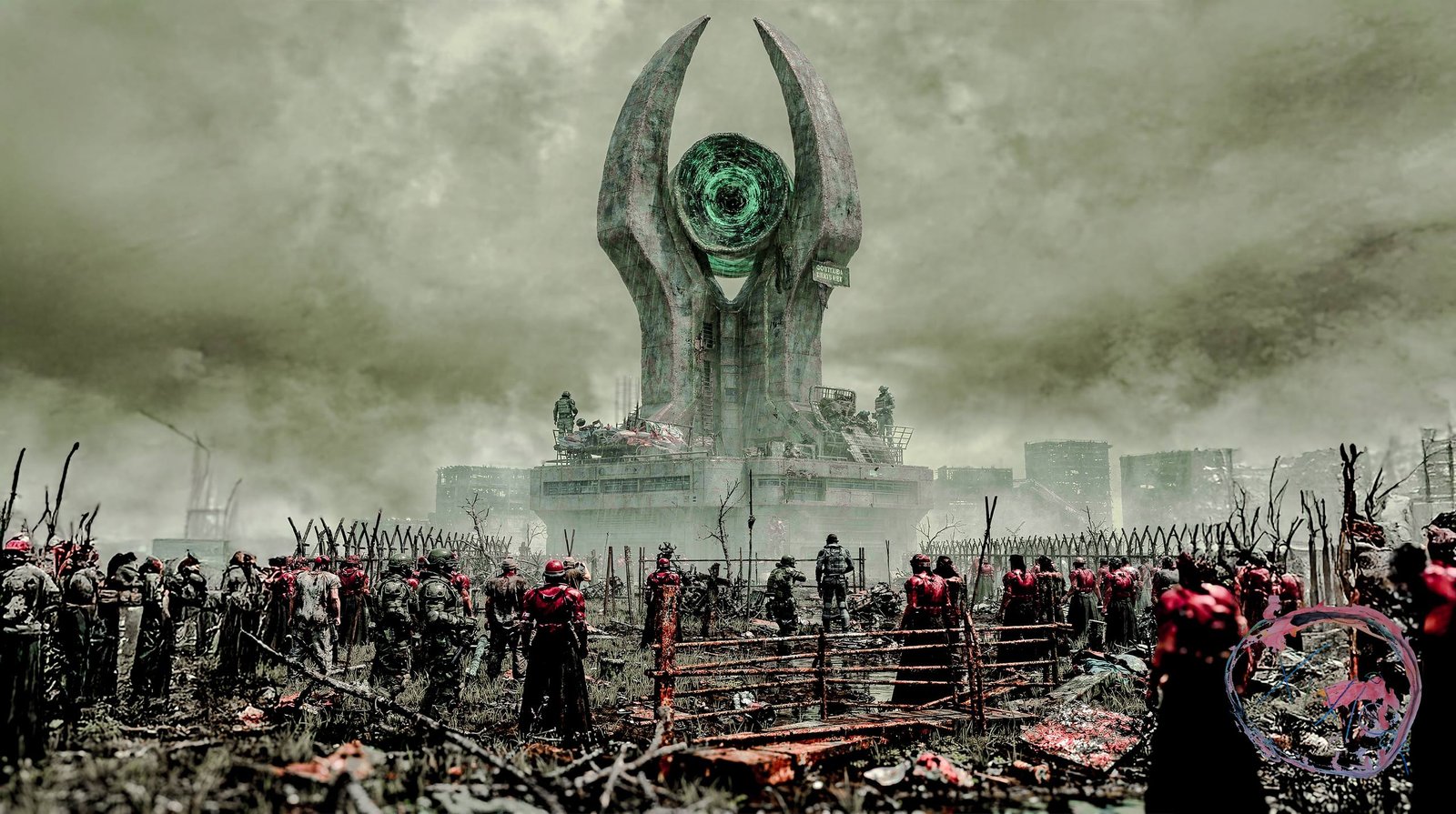 Una multitud rodea una torre verde monumental de The Rats en una ciudad devastada