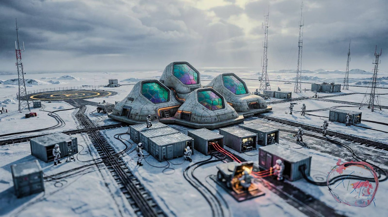 Un asentamiento luminoso de Sirocco resiste entre hielo, antenas y figuras humanas
